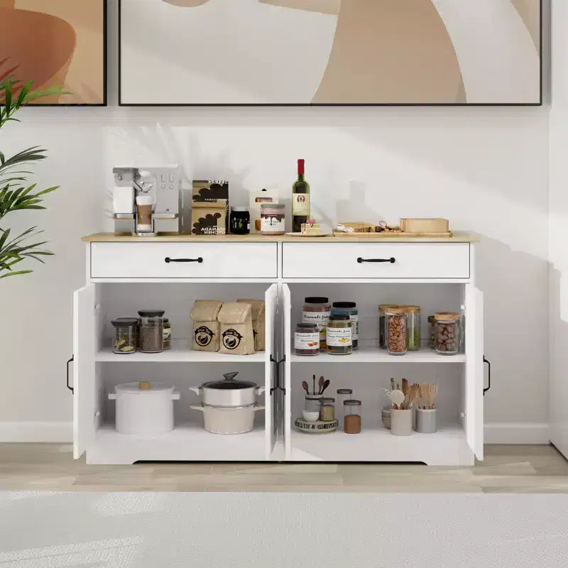 Buffet en bois blanc de 142 cm de long avec portes de style Shaker
