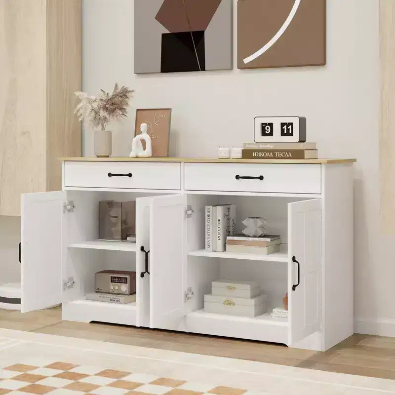 Buffet en bois blanc de 142 cm de long avec portes de style Shaker