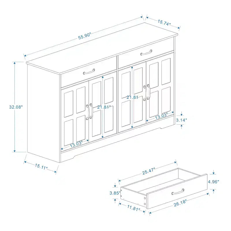 Buffet en bois blanc de 142 cm de long avec portes de style Shaker