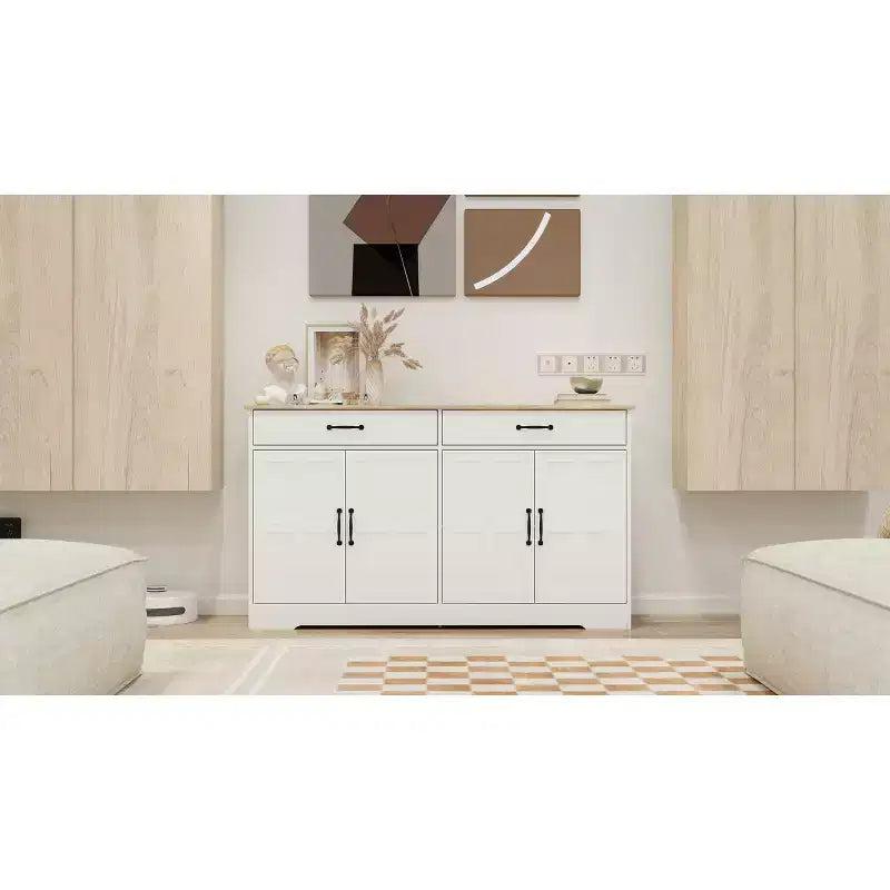 Buffet en bois blanc de 142 cm de long avec portes de style Shaker