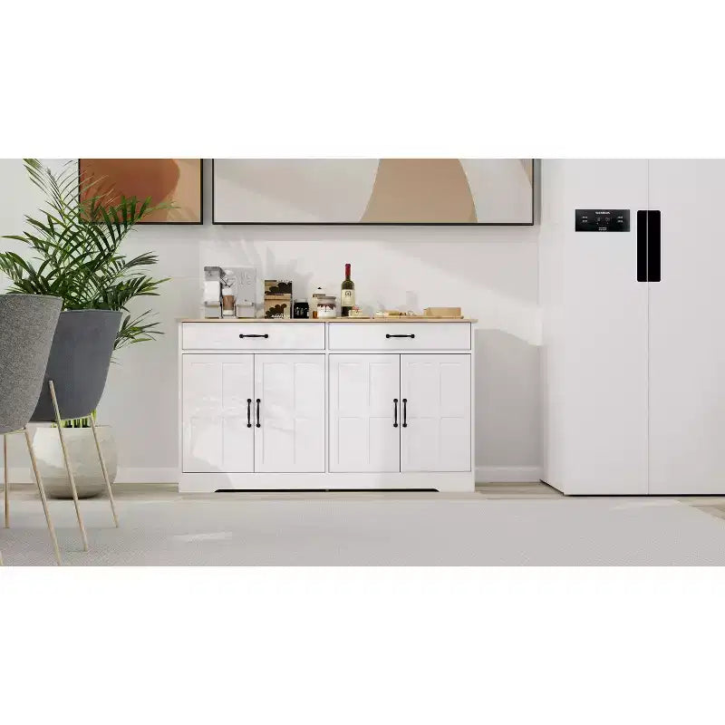Buffet en bois blanc de 142 cm de long avec portes de style Shaker
