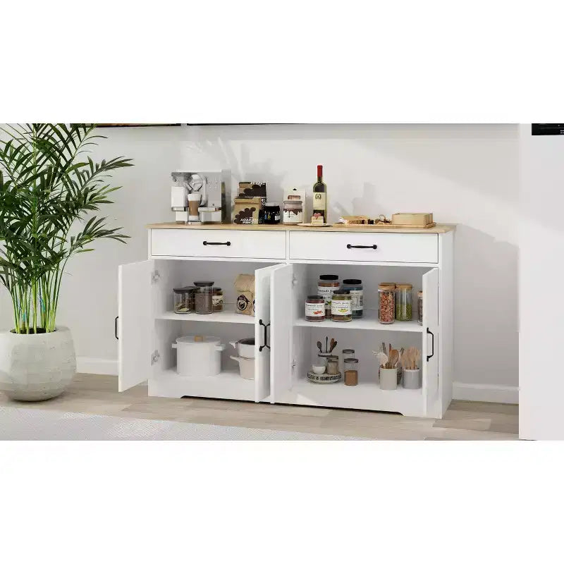 Buffet en bois blanc de 142 cm de long avec portes de style Shaker