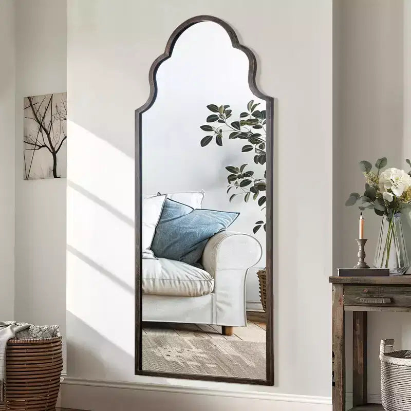 Miroir de 59x24 en fer forgé sculpté, noir, en pied, avec arche à angle droit