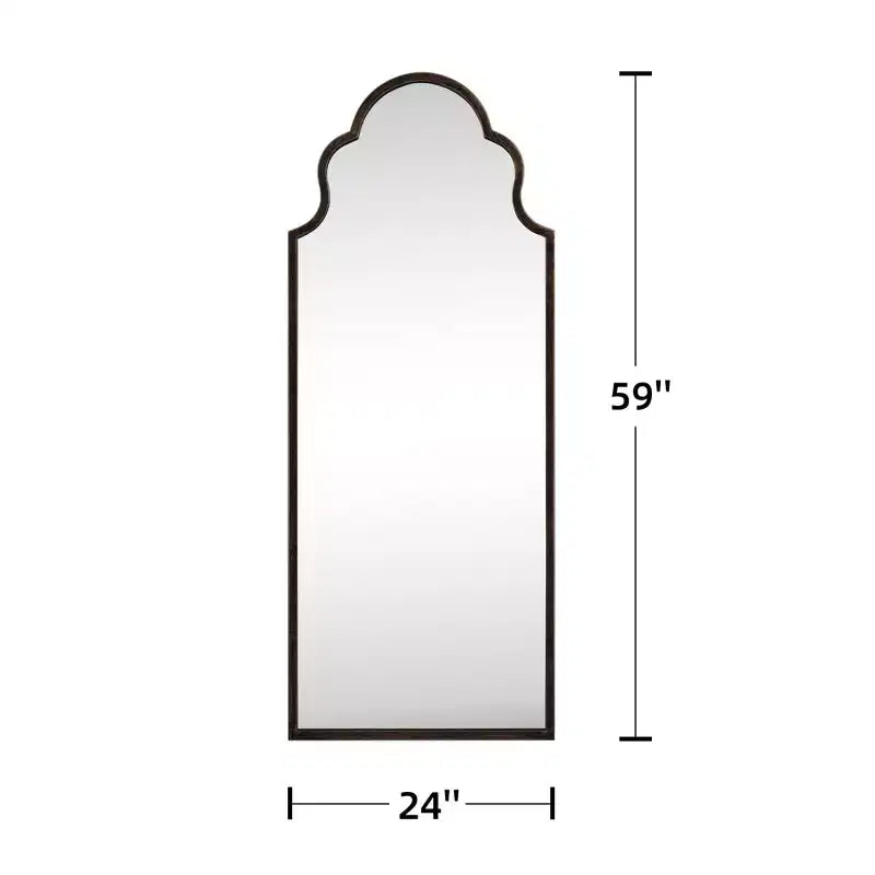 Miroir de 59x24 en fer forgé sculpté, noir, en pied, avec arche à angle droit