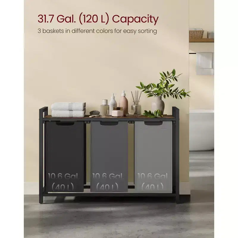 Panier à linge, panier à linge, trieur à linge avec 3 sacs amovibles et coulissants, étagère, cadre en métal, 3 x 38L (10 gallons)