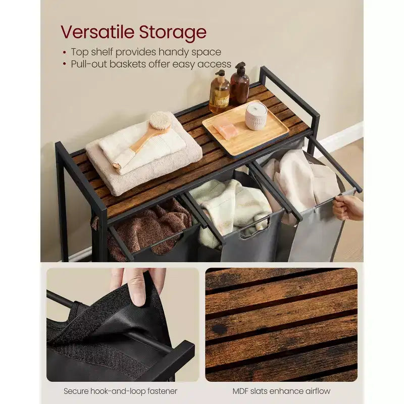 Panier à linge, panier à linge, trieur à linge avec 3 sacs amovibles et coulissants, étagère, cadre en métal, 3 x 38L (10 gallons)