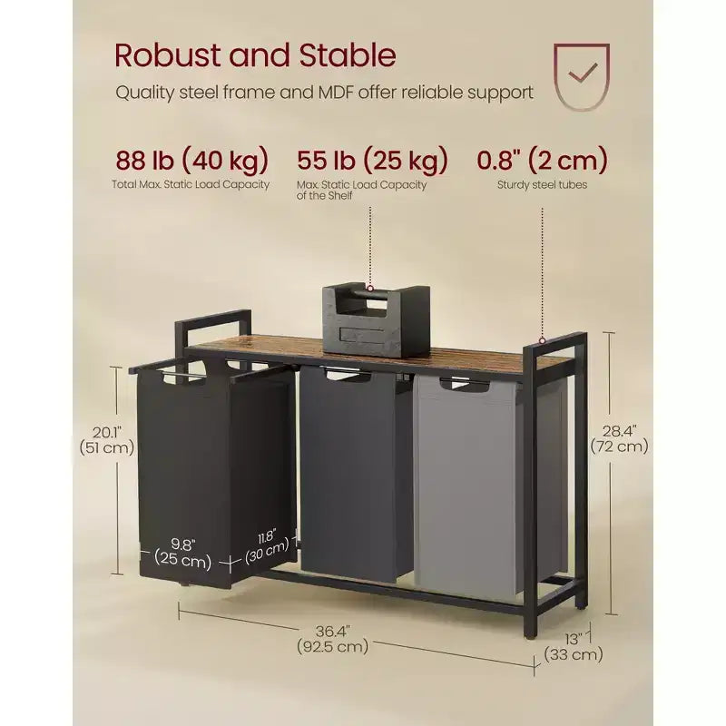 Panier à linge, panier à linge, trieur à linge avec 3 sacs amovibles et coulissants, étagère, cadre en métal, 3 x 38L (10 gallons)