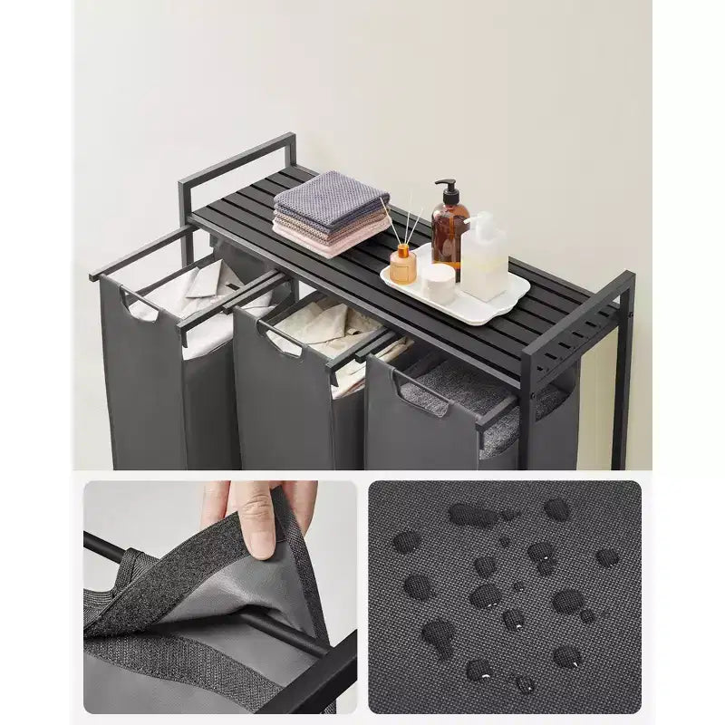 Panier à linge, panier à linge, trieur à linge avec 3 sacs amovibles et coulissants, étagère, cadre en métal, 3 x 38L (10 gallons)