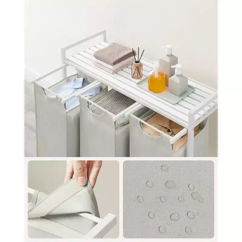 Panier à linge, panier à linge, trieur à linge avec 3 sacs amovibles et coulissants, étagère, cadre en métal, 3 x 38L (10 gallons)