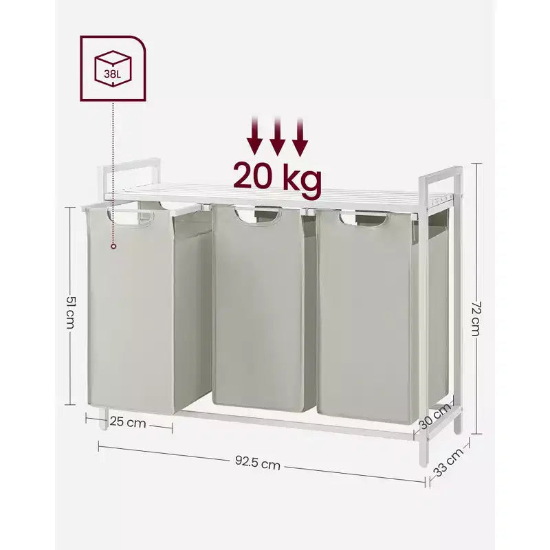 Panier à linge, panier à linge, trieur à linge avec 3 sacs amovibles et coulissants, étagère, cadre en métal, 3 x 38L (10 gallons)