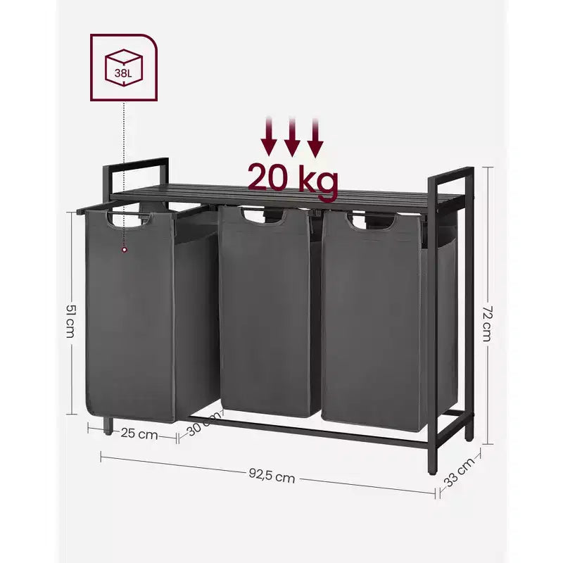 Panier à linge, panier à linge, trieur à linge avec 3 sacs amovibles et coulissants, étagère, cadre en métal, 3 x 38L (10 gallons)