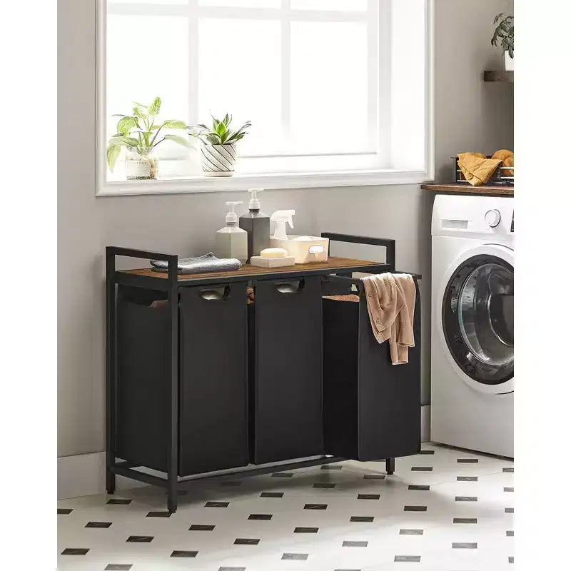 Panier à linge, panier à linge, trieur à linge avec 3 sacs amovibles et coulissants, étagère, cadre en métal, 3 x 38L (10 gallons)