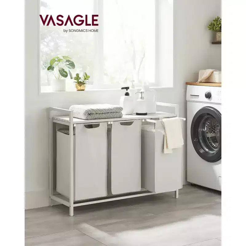 Panier à linge, panier à linge, trieur à linge avec 3 sacs amovibles et coulissants, étagère, cadre en métal, 3 x 38L (10 gallons)