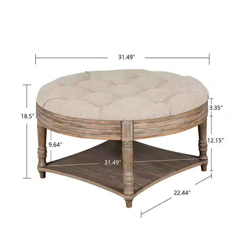 Grande table basse ottomane ronde, ottomane capitonnée surdimensionnée à 2 niveaux avec étagère de rangement en bois, table basse rembourrée de style ferme