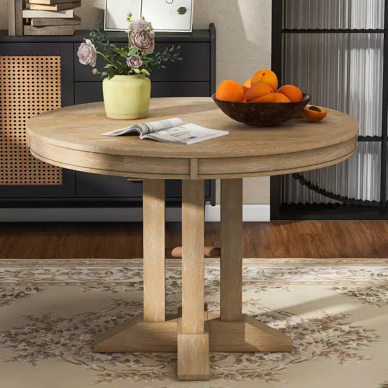 Table à manger en bois de style rustique, avec pied central extensible et rallonge de 35,5 cm