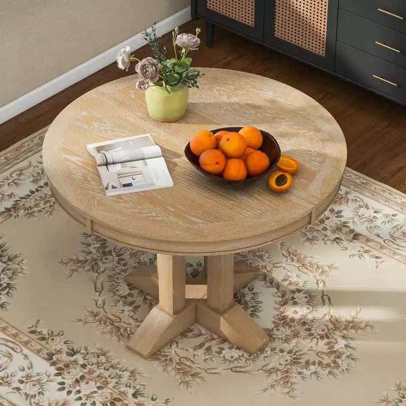 Table à manger en bois de style rustique, avec pied central extensible et rallonge de 35,5 cm
