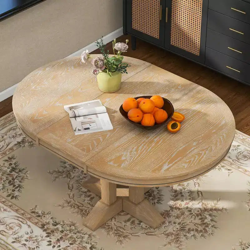 Table à manger en bois de style rustique, avec pied central extensible et rallonge de 35,5 cm