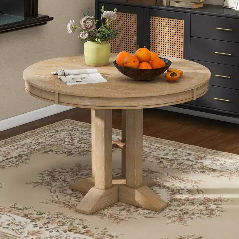 Table à manger en bois de style rustique, avec pied central extensible et rallonge de 35,5 cm