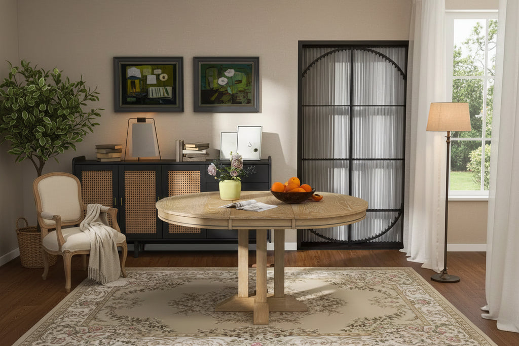 Table à manger en bois de style rustique, avec pied central extensible et rallonge de 35,5 cm