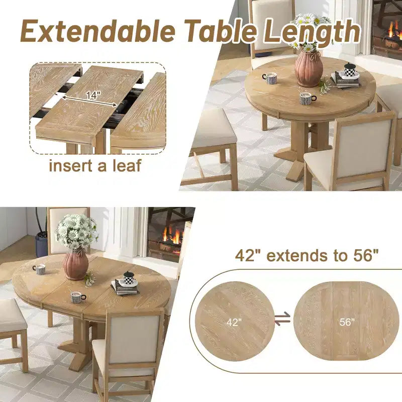 Table à manger en bois de style rustique, avec pied central extensible et rallonge de 35,5 cm