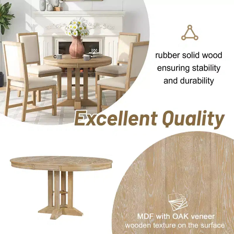 Table à manger en bois de style rustique, avec pied central extensible et rallonge de 35,5 cm