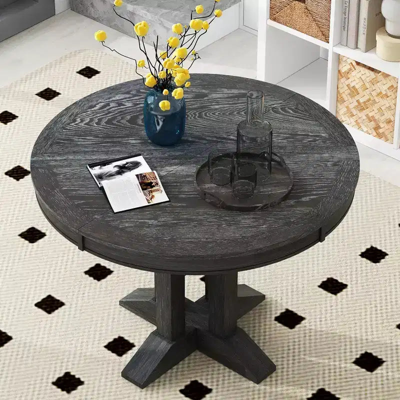 Table à manger en bois de style rustique, avec pied central extensible et rallonge de 35,5 cm