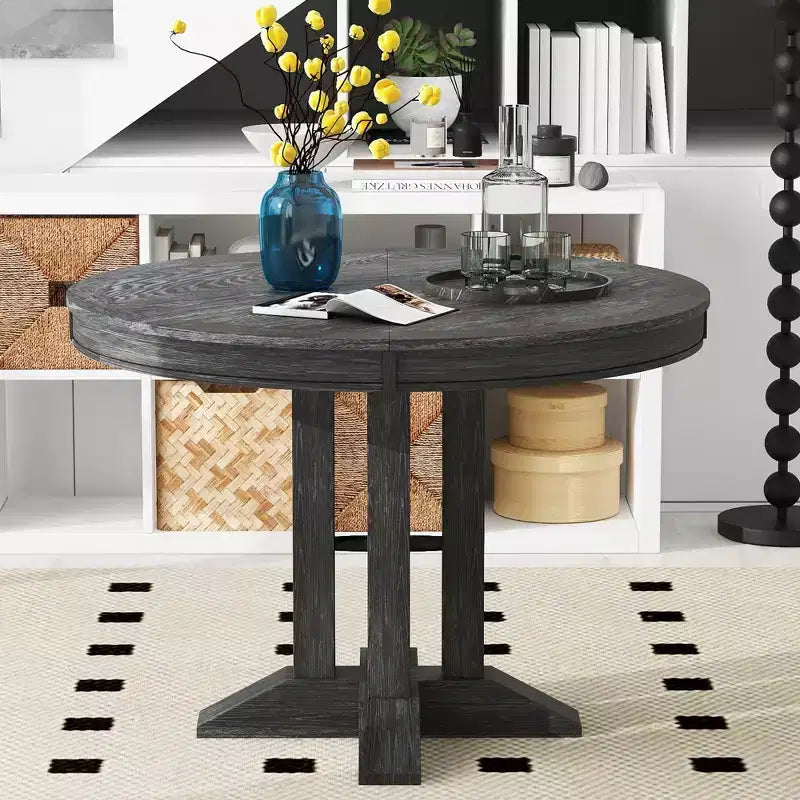 Table à manger en bois de style rustique, avec pied central extensible et rallonge de 35,5 cm