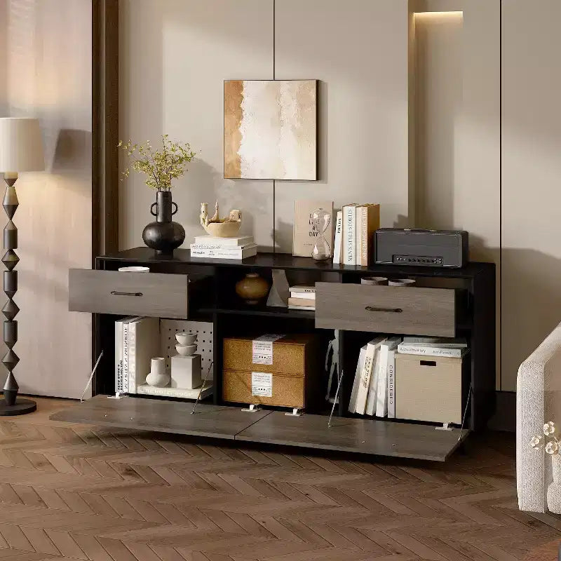 2 Door TV Stand, Flip Door Design, Gray Modern Style Living Room Side Table