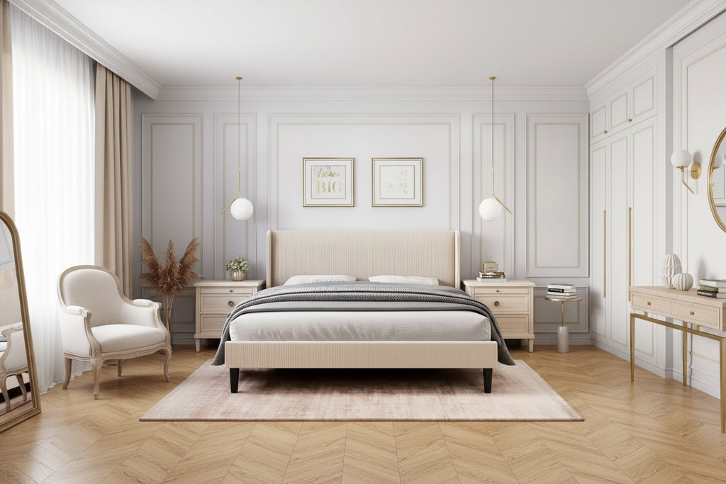 Cadre de lit avec tête de lit capitonnée, design plateforme en bois avec 2 poches de rangement, dossier ailé capitonné à canal vertical, lattes en bois solides.