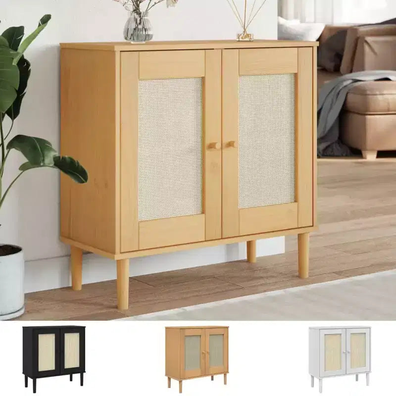 Buffet bas de rangement, aspect rotin, en pin massif