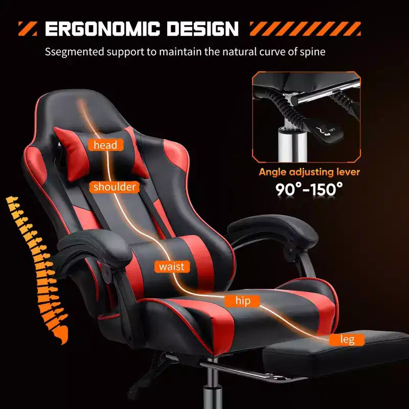 Chaise de bureau pour jeux vidéo - Ergonomique avec repose-pieds et soutien lombaire confortable, fauteuil inclinable en cuir PU avec appui-tête, accoudoir fixe