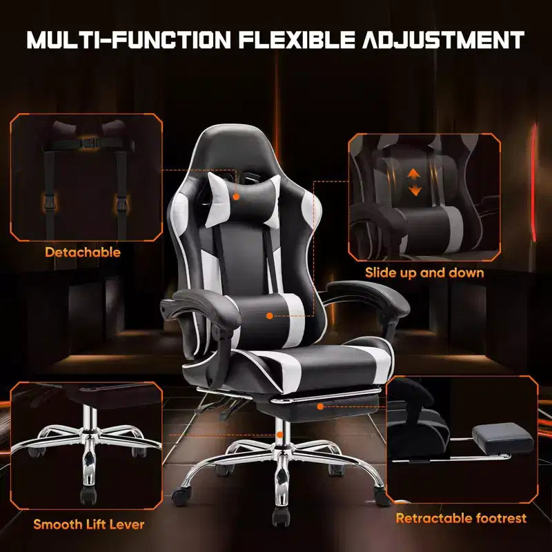 Chaise de bureau pour jeux vidéo - Ergonomique avec repose-pieds et soutien lombaire confortable, fauteuil inclinable en cuir PU avec appui-tête, accoudoir fixe