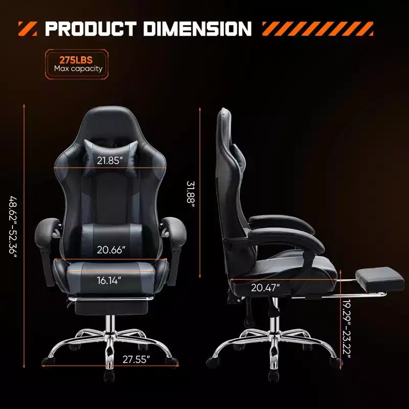 Chaise de bureau pour jeux vidéo - Ergonomique avec repose-pieds et soutien lombaire confortable, fauteuil inclinable en cuir PU avec appui-tête, accoudoir fixe