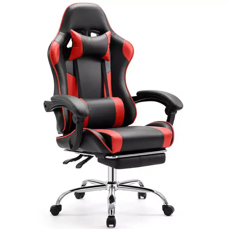 Chaise de bureau pour jeux vidéo - Ergonomique avec repose-pieds et soutien lombaire confortable, fauteuil inclinable en cuir PU avec appui-tête, accoudoir fixe
