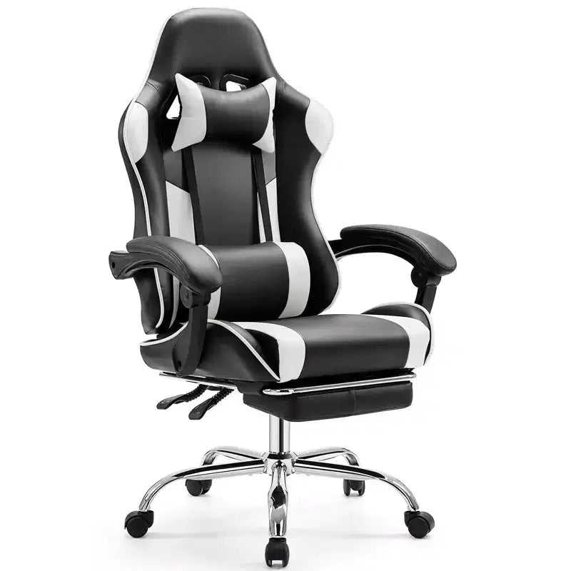 Chaise de bureau pour jeux vidéo - Ergonomique avec repose-pieds et soutien lombaire confortable, fauteuil inclinable en cuir PU avec appui-tête, accoudoir fixe