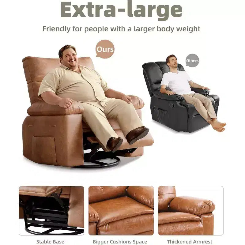 Fauteuil inclinable surdimensionné pour adultes - Fauteuil inclinable et pivotant à 360° en cuir PU, mécanisme d'inclinaison manuel, pour salon/salle de cinéma à domicile
