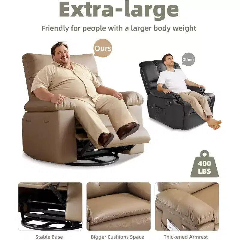 Fauteuil inclinable surdimensionné pour adultes - Fauteuil inclinable et pivotant à 360° en cuir PU, mécanisme d'inclinaison manuel, pour salon/salle de cinéma à domicile