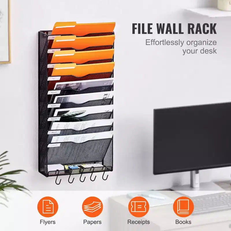 Range-revues mural, un seul tenant, 10 compartiments en maille, support mural pour magazines, courrier, papier et documents, organisateur mural en métal pour dossiers