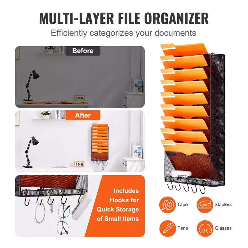 Range-revues mural, un seul tenant, 10 compartiments en maille, support mural pour magazines, courrier, papier et documents, organisateur mural en métal pour dossiers