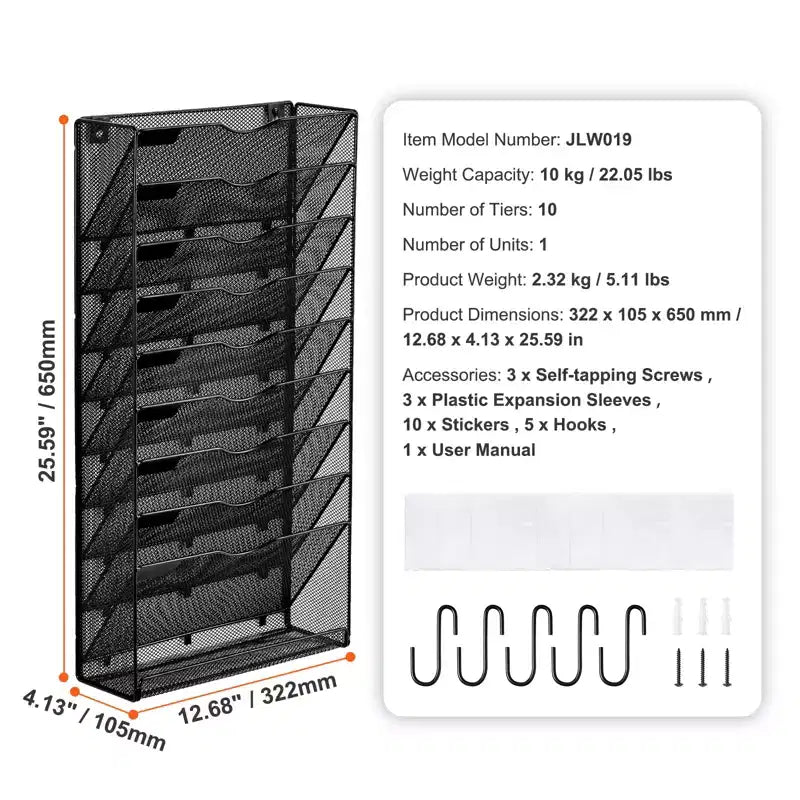 Range-revues mural, un seul tenant, 10 compartiments en maille, support mural pour magazines, courrier, papier et documents, organisateur mural en métal pour dossiers