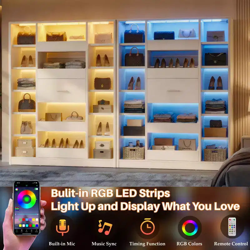 Meuble à chaussures en bois avec éclairage LED, organiseur de placard autoportant avec tiroir et étagères