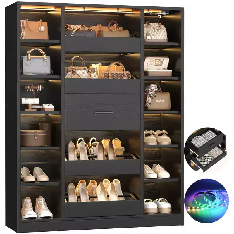 Meuble à chaussures en bois avec éclairage LED, organiseur de placard autoportant avec tiroir et étagères