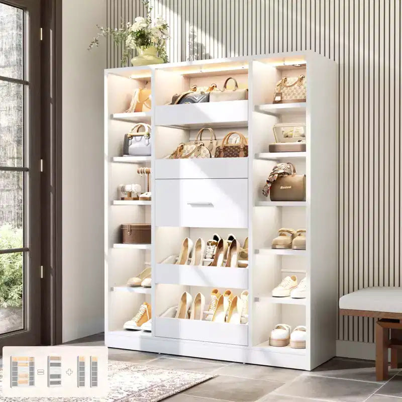 Meuble à chaussures en bois avec éclairage LED, organiseur de placard autoportant avec tiroir et étagères