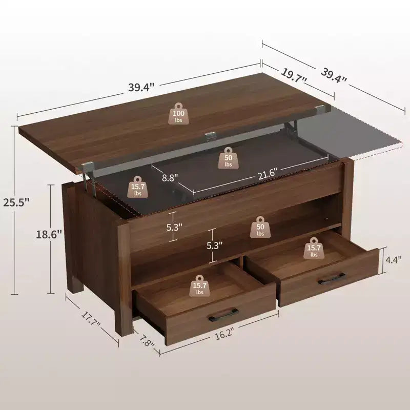 Table basse relevable 40", design convertible multifonction avec tiroirs et compartiment caché, se transforme en table à manger