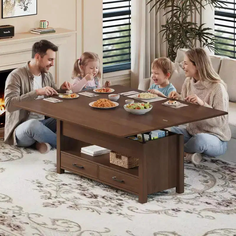 Table basse relevable 40", design convertible multifonction avec tiroirs et compartiment caché, se transforme en table à manger