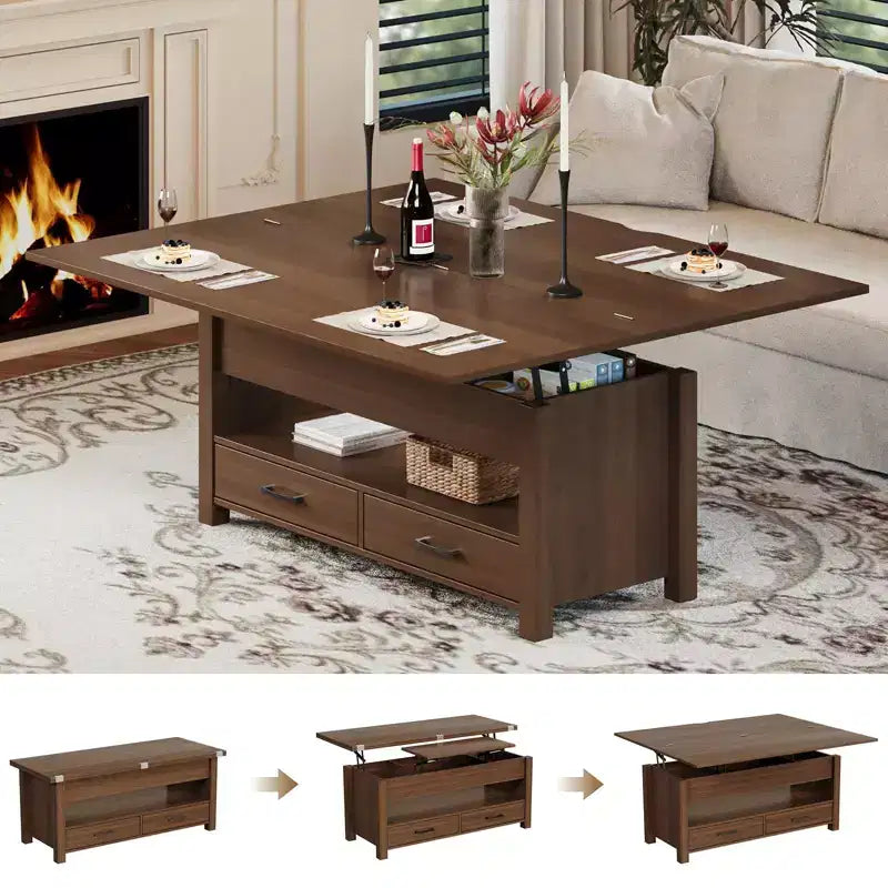 Table basse relevable 40", design convertible multifonction avec tiroirs et compartiment caché, se transforme en table à manger