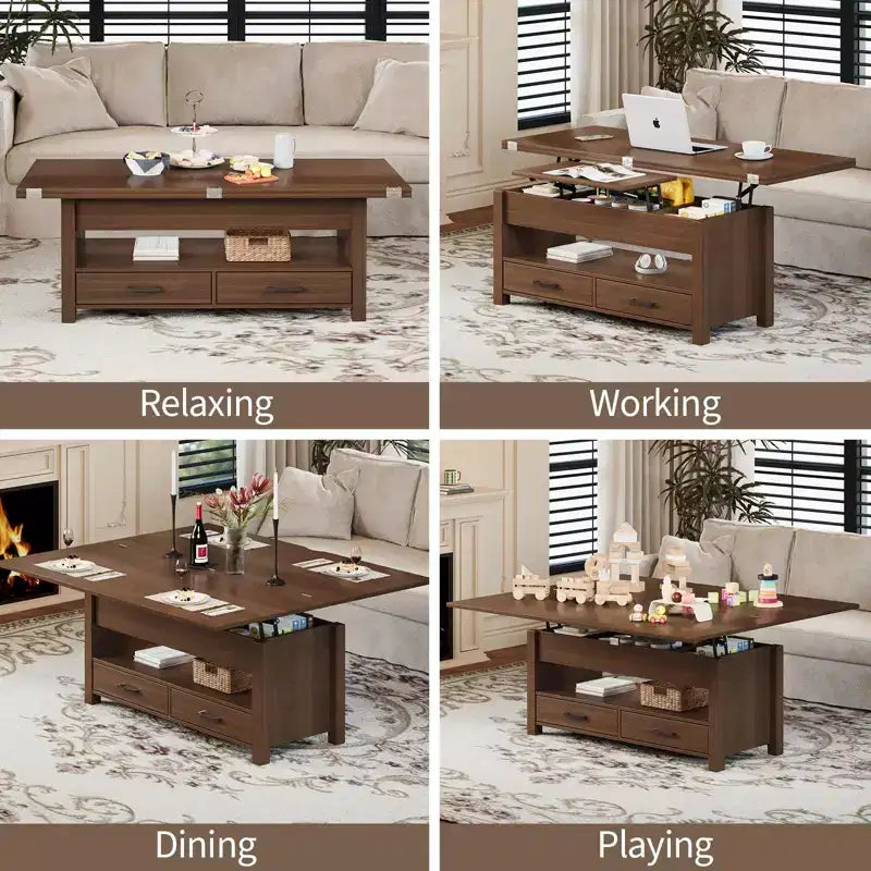 Table basse relevable 40", design convertible multifonction avec tiroirs et compartiment caché, se transforme en table à manger