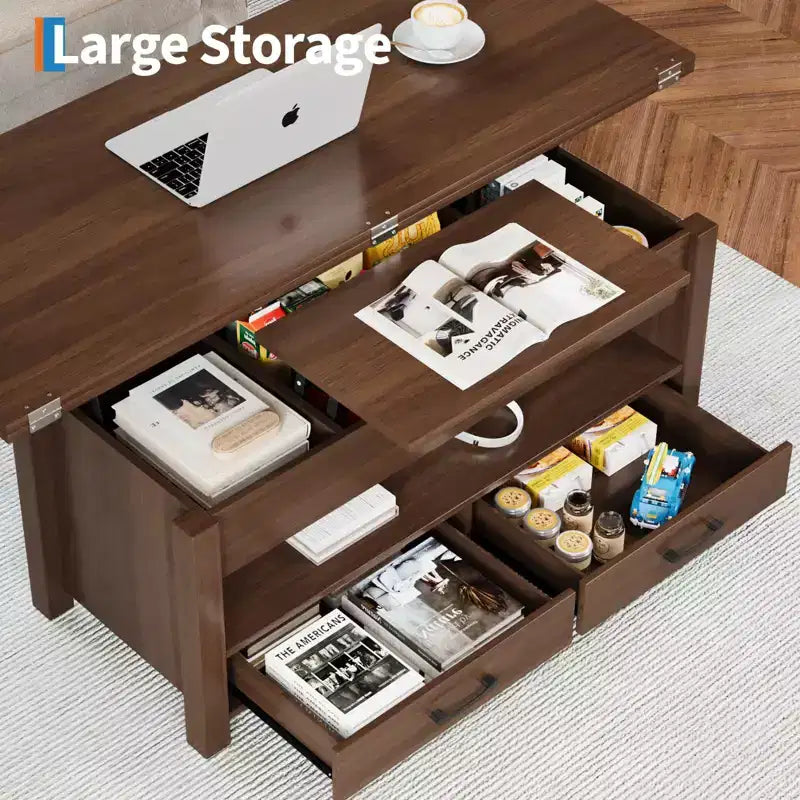 Table basse relevable 40", design convertible multifonction avec tiroirs et compartiment caché, se transforme en table à manger