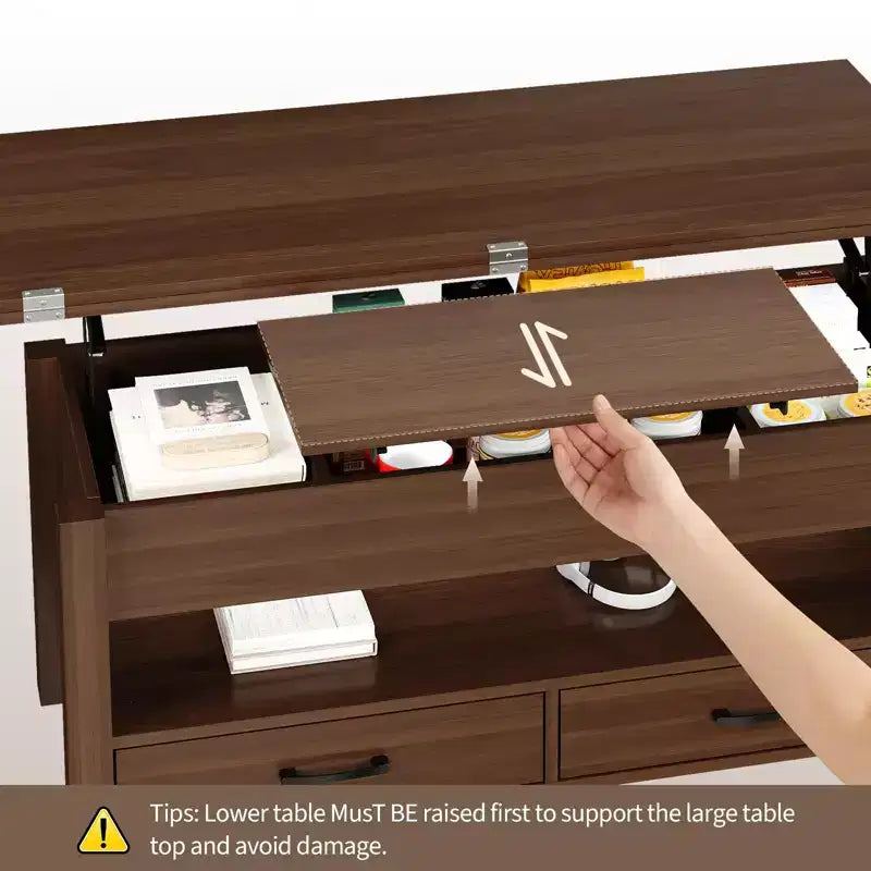 Table basse relevable 40", design convertible multifonction avec tiroirs et compartiment caché, se transforme en table à manger