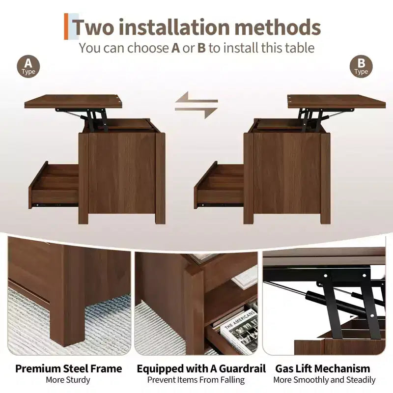 Table basse relevable 40", design convertible multifonction avec tiroirs et compartiment caché, se transforme en table à manger